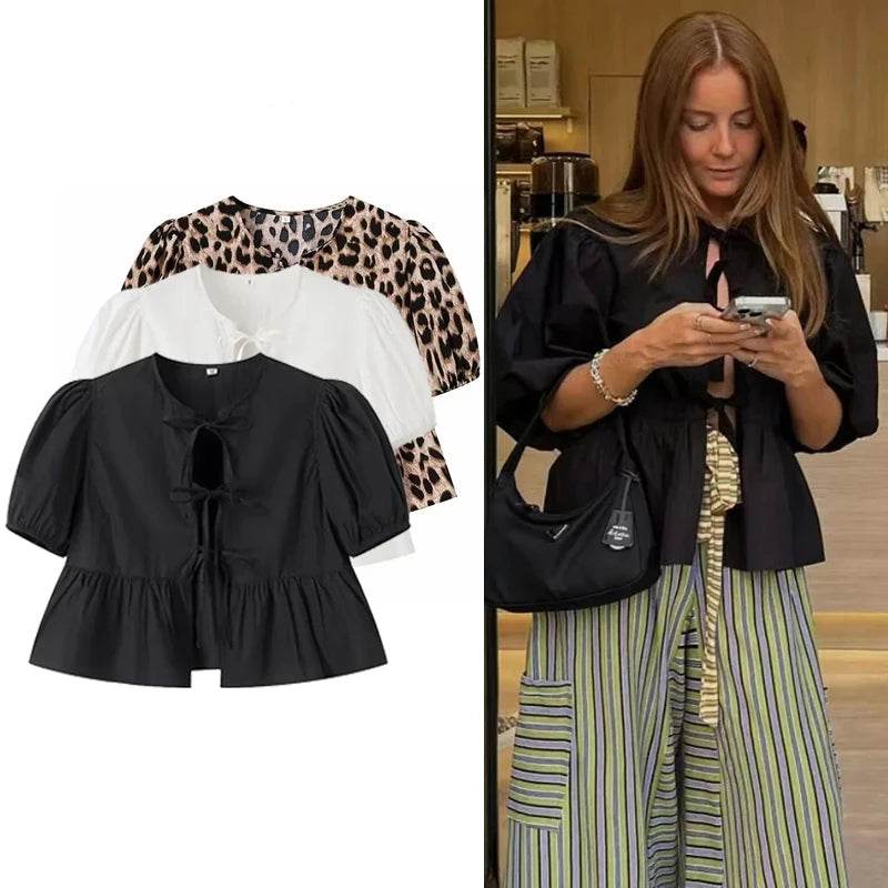 Stylemein - Women’s Ruffle Blouse – Puff Sleeve Ruched Crop Top Shirt