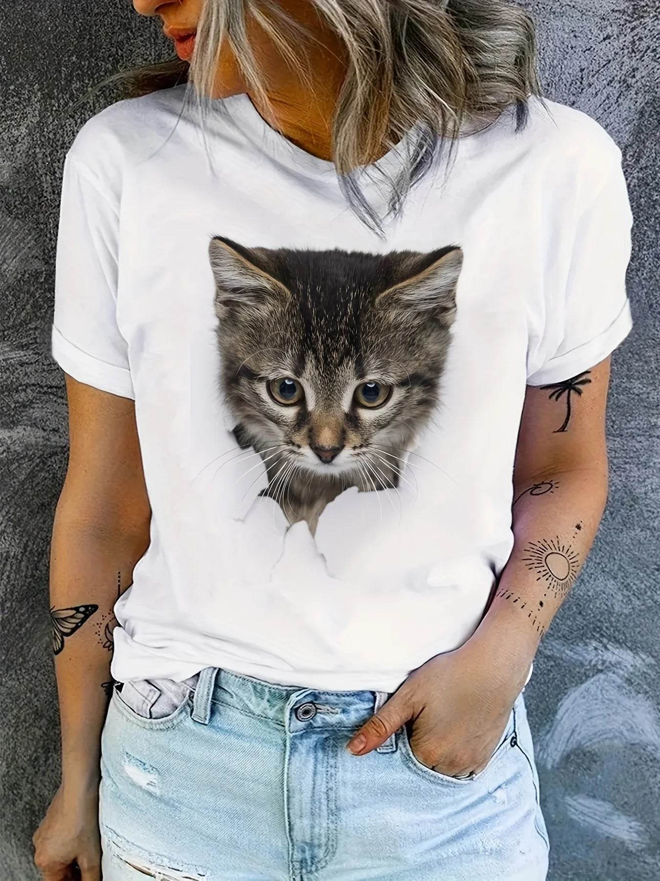 Stylemein - Women’s Cute Cat Print T-Shirt – Casual Everyday Short Sleeve Crew Neck Top
