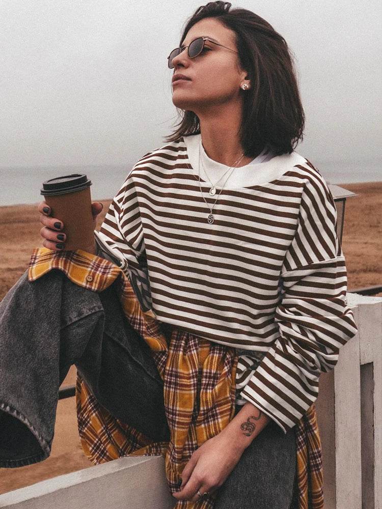 Oversized Striped Cotton T-Shirt – Women’s Long Sleeve Casual Top - Stylemein
