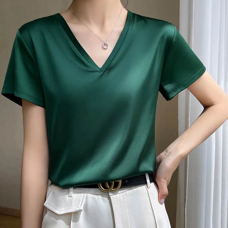 Elegant Satin Silk V-Neck Women's T-Shirt – Short Sleeve Solid Basic Top for Summer - Stylemein