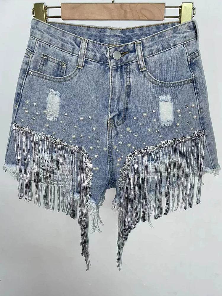 High Waist Beaded Denim Shorts – Tassel Wide-Leg Summer Jeans - Stylemein