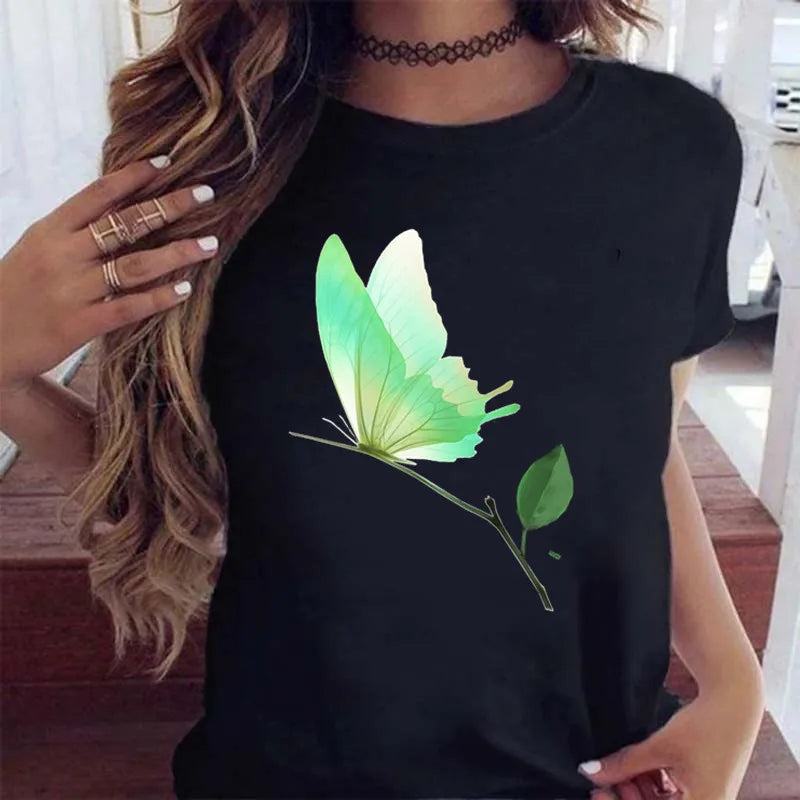 Women’s Butterfly Tree Print Harajuku T-Shirt – Black Round Neck Summer Casual Top