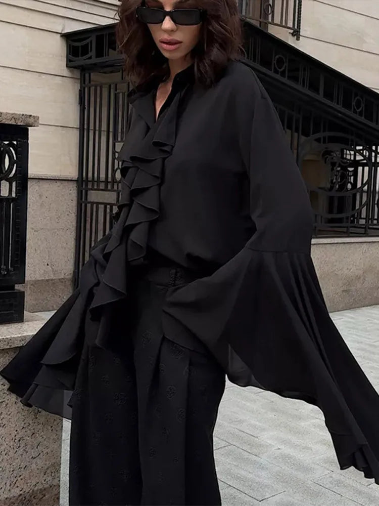 Women’s Ruffle V-Neck Blouse – Elegant Long Sleeve Autumn Top