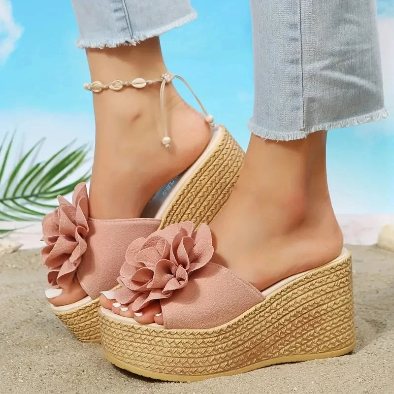 Green & Baby Pink Floral Wedge Slides for Women – 3.5" Platform Heels, Flower Appliqués, Summer Slip-Ons