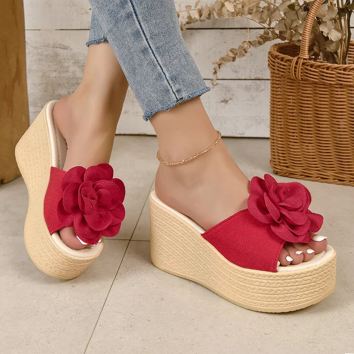 Green & Baby Pink Floral Wedge Slides for Women – 3.5" Platform Heels, Flower Appliqués, Summer Slip-Ons