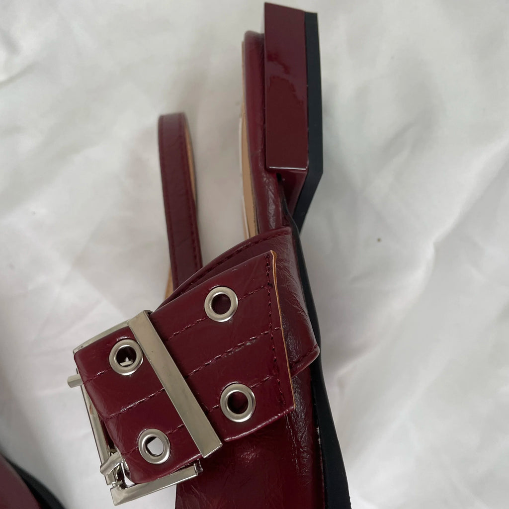 Maroon belt with silver buckle on a white background