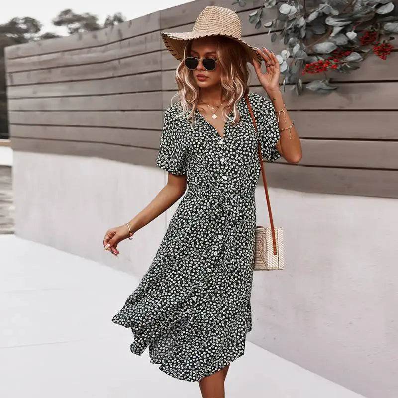 Floral V-Neck Midi Dress – Summer Casual Short Sleeve Dress - Stylemein