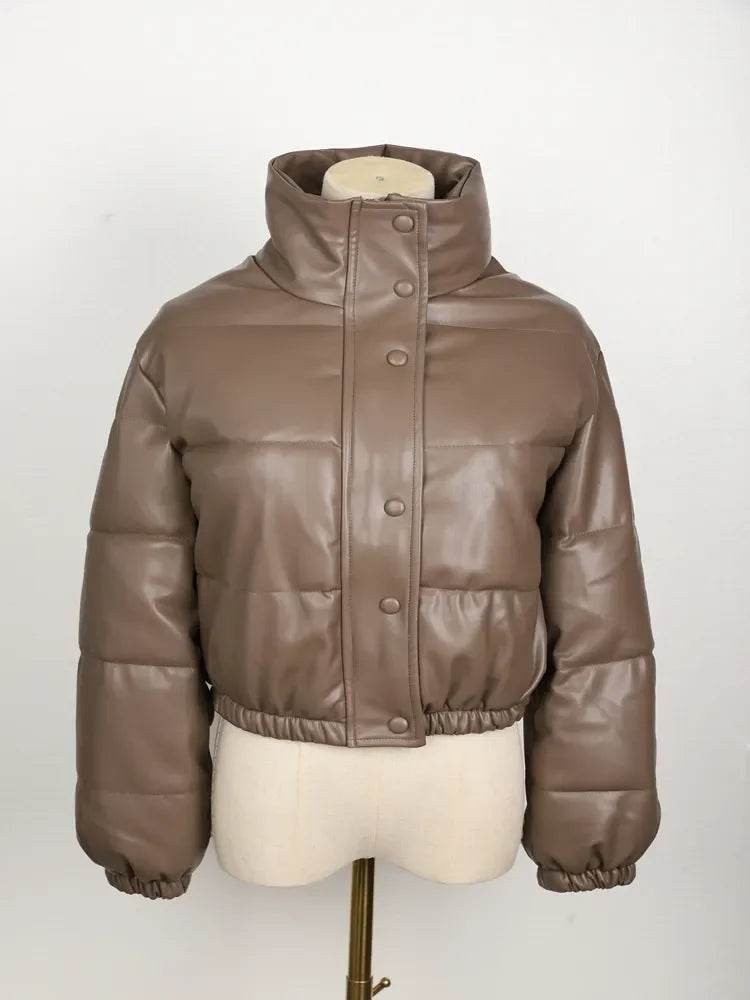 Stylish Women's Black PU Leather Winter Parka Coat - Thick, Warm, and Elegant with Zipper Closure - Stylemein