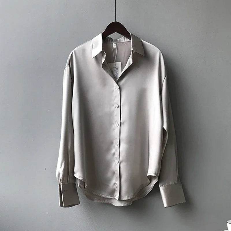 Elegant Satin Loose Fit Women's Shirt – Turn-Down Collar Casual Button Blouse for Spring and Autumn - Stylemein
