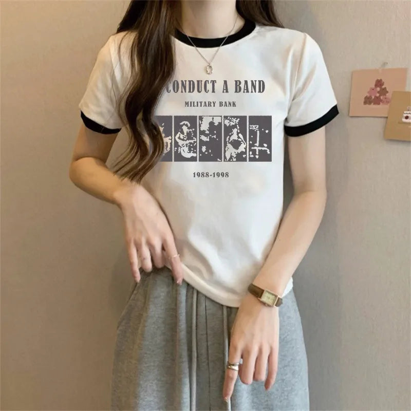 Retro Letter Print T-Shirt – Slim Fit Casual Top
