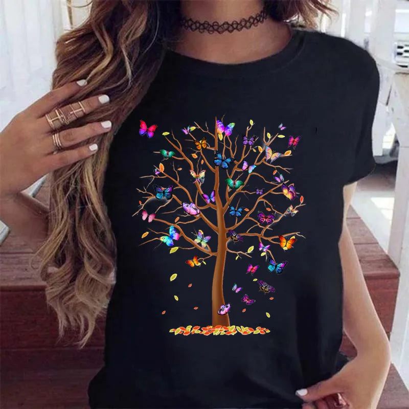 Women’s Butterfly Tree Print Harajuku T-Shirt – Black Round Neck Summer Casual Top