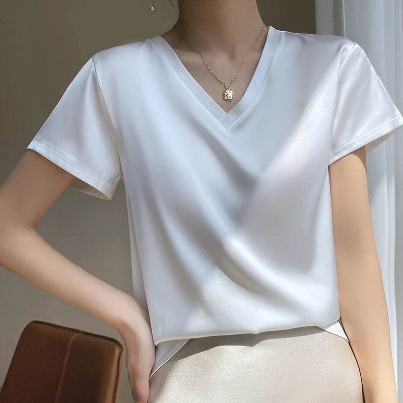 Elegant Satin Silk V-Neck Women's T-Shirt – Short Sleeve Solid Basic Top for Summer - Stylemein