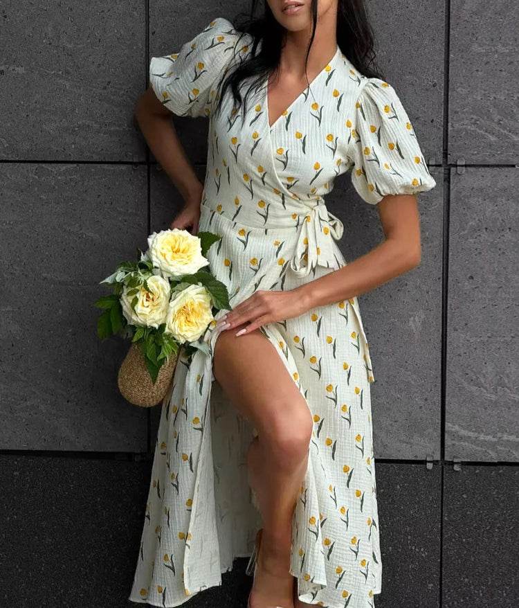 Floral Cotton A-Line Midi Dress – Women’s White Summer Dress with Slits - Stylemein