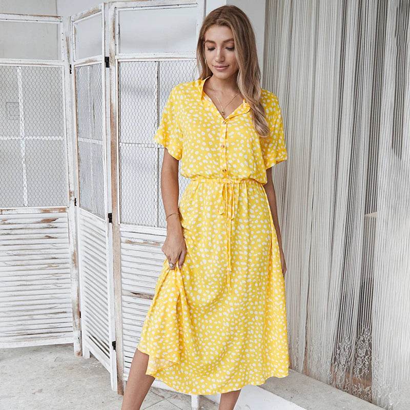Vintage Floral Boho Shirt Dress – Waist Tie Long Casual Dress - Stylemein