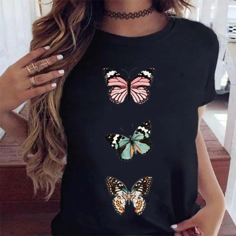 Women’s Butterfly Tree Print Harajuku T-Shirt – Black Round Neck Summer Casual Top