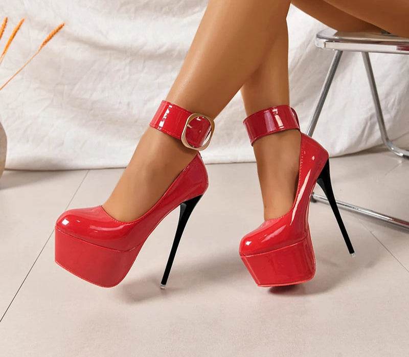 16.5cm Thin Heel Platform Stilettos– Belt Buckle, Round Toe, Ankle Strap High Heels, Size 35–50 - Stylemein