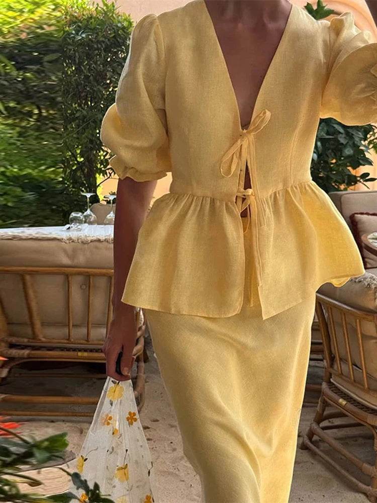 Two-Piece Puff Sleeve Top & Maxi Skirt Set – Women's Elegant Outfit - Stylemein