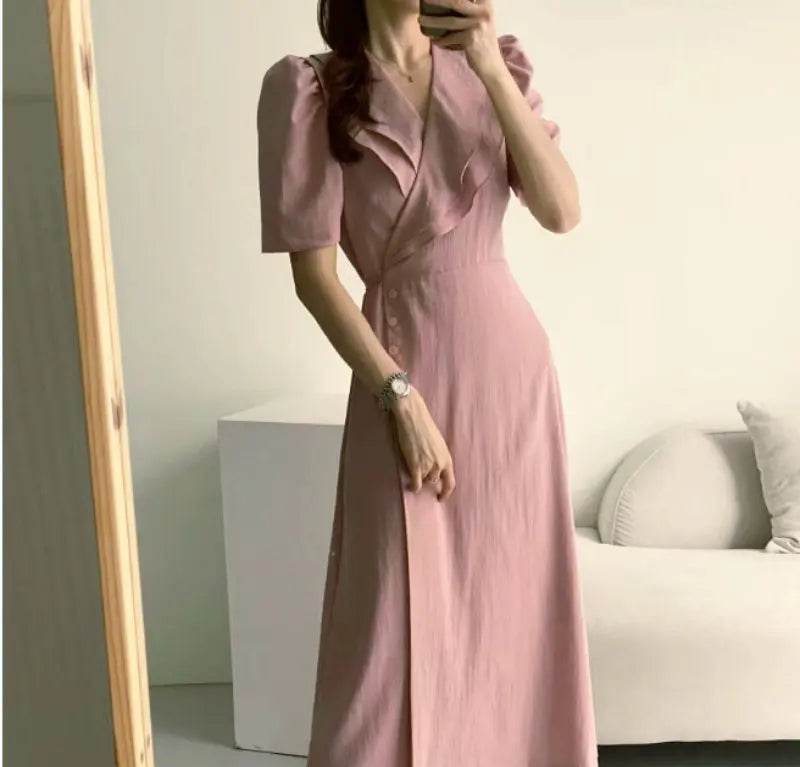 Retro Pink Ruffle Midi Dress – Lace-Up One-Piece Summer Style - Stylemein
