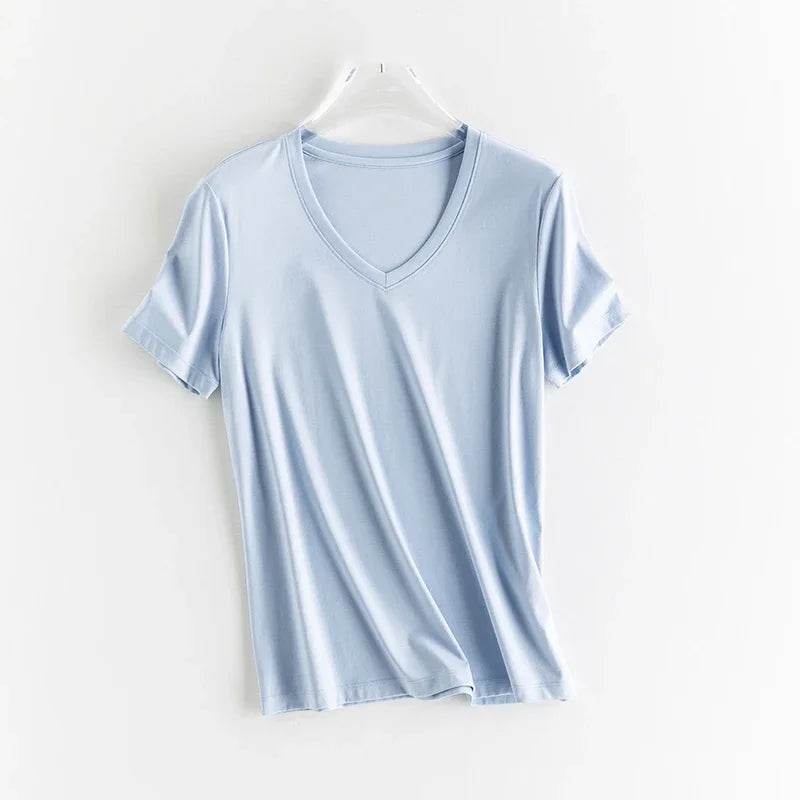 Luxury Silk & Mercerized Cotton Women’s T-Shirt – Short Sleeve Silky Feel V/O-Neck Summer Top - Stylemein
