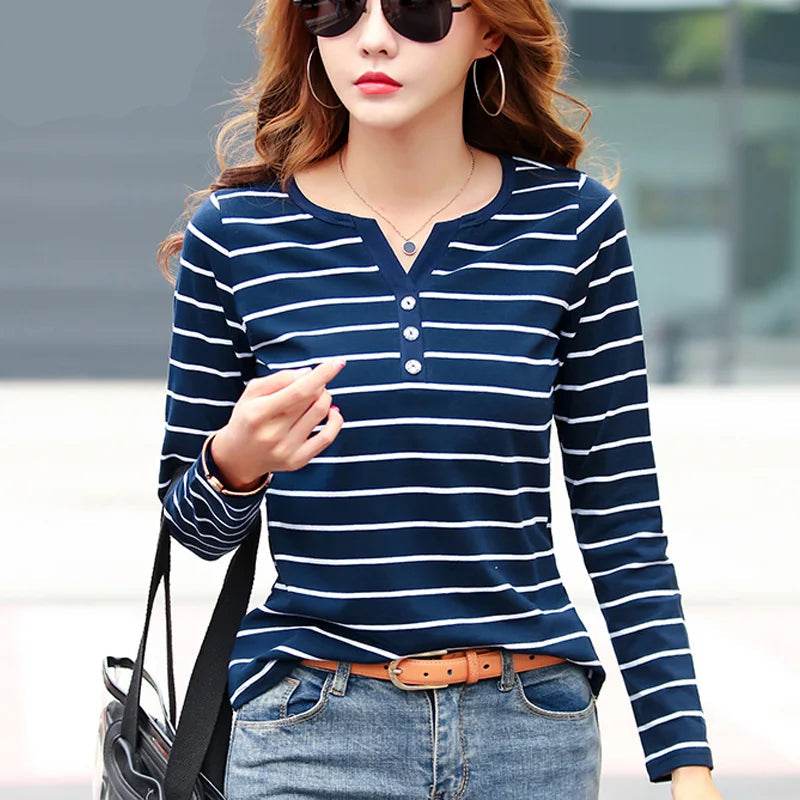 Striped Cotton V-Neck Long Sleeve T-Shirt – Casual Spring/Autumn Tee for Women - Stylemein