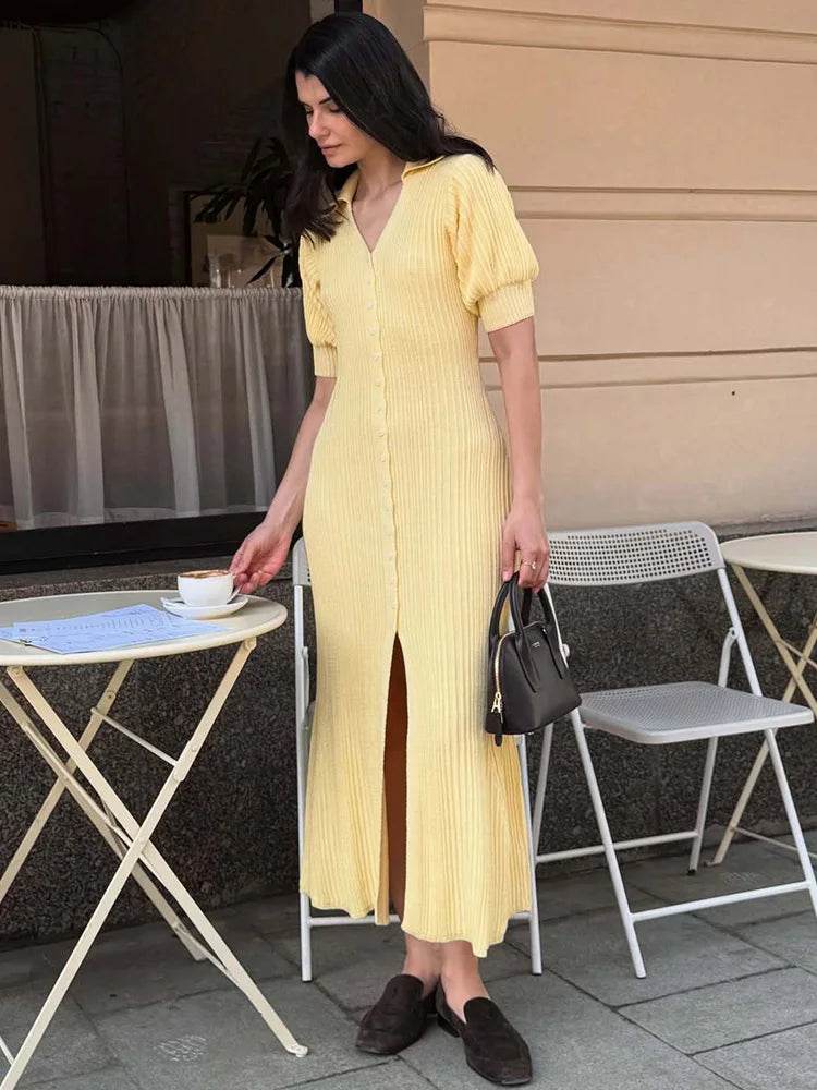 Women’s Knit Maxi Dress – Slit Long Cardigan Patchwork Dress - Stylemein