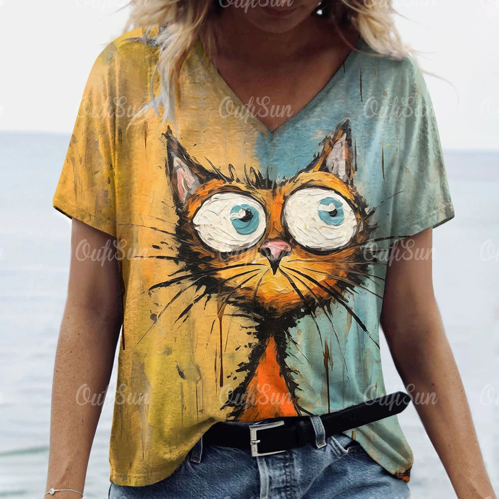 Women’s Oversized Cat Print T-Shirt – Casual Summer Streetwear Top