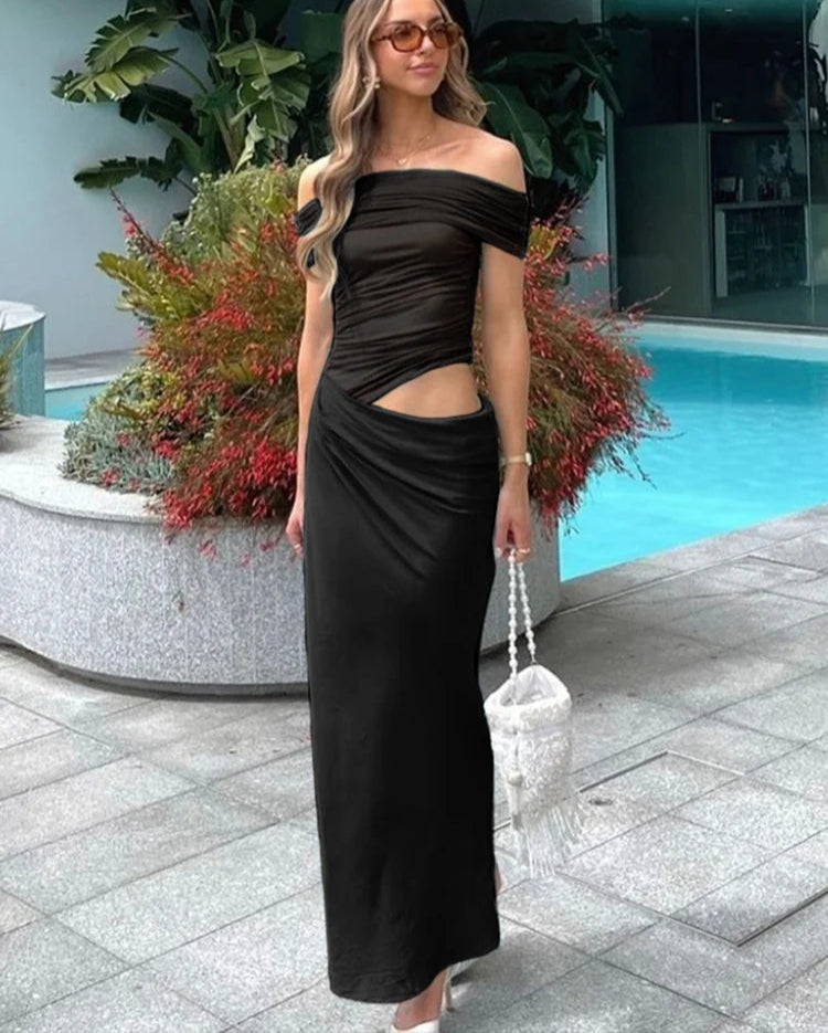 Ruched Irregular Mesh Patchwork Dress – Women's Slash Neck Bodycon Outfit