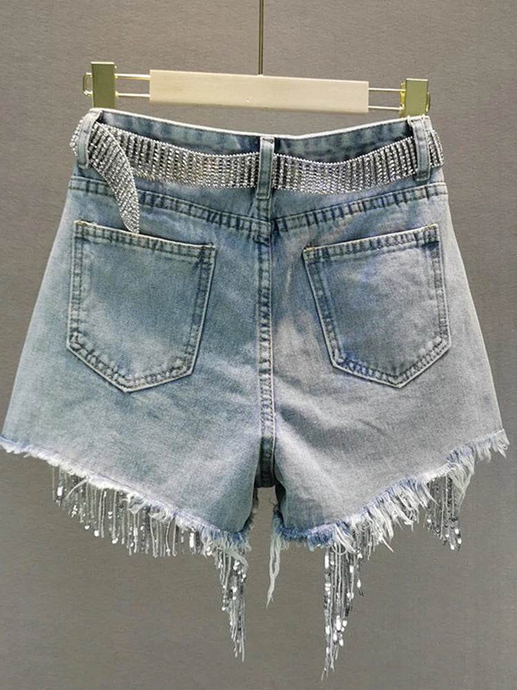 High Waist Beaded Denim Shorts – Tassel Wide-Leg Summer Jeans - Stylemein