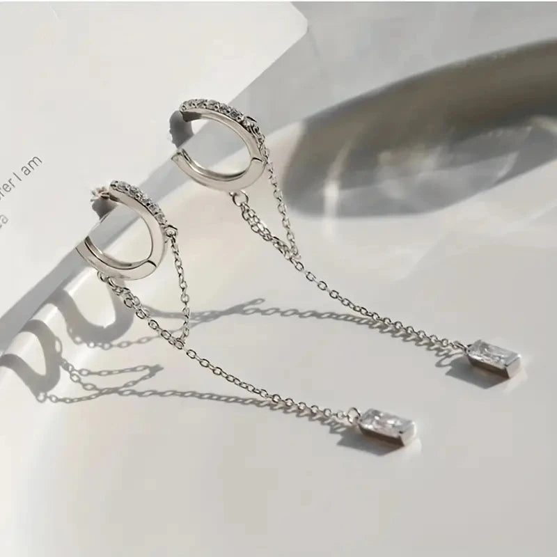 Silvery Tassel Hoop Pendant Earrings – Elegant Jewelry Gift for Women