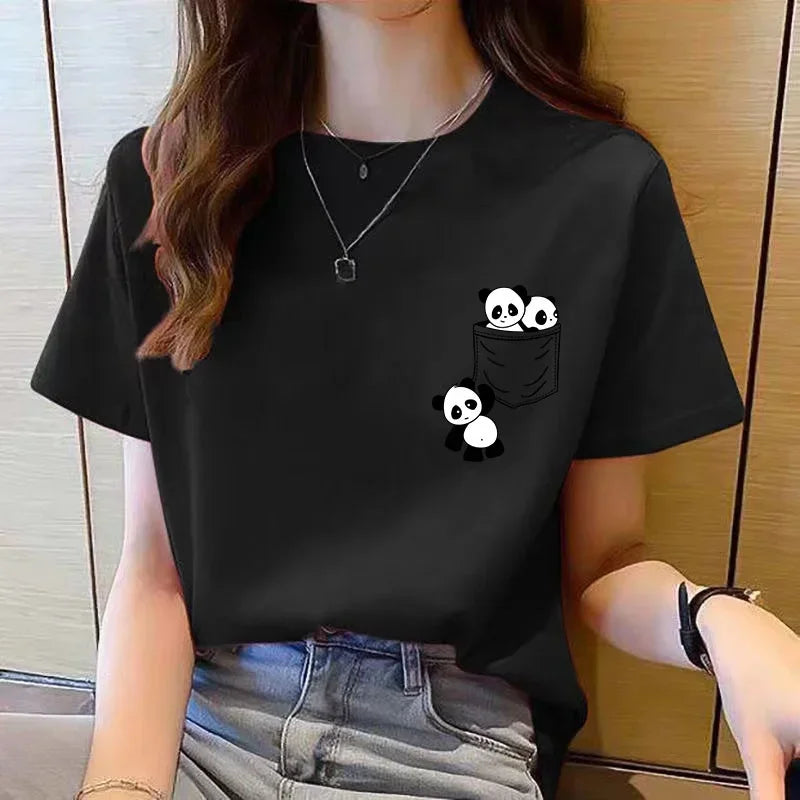 Person wearing a black t-shirt with panda designs