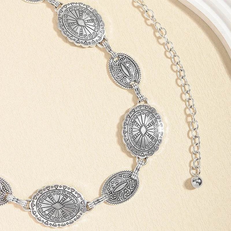 Vintage Circle Carved Metal Waist Chain: Retro Decorative Belt for Women - Stylemein