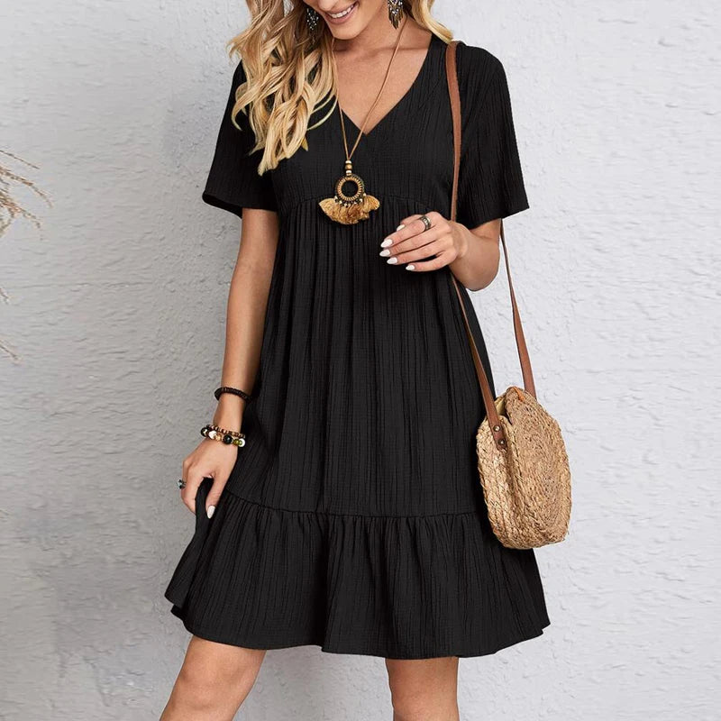 Vintage Solid A-Line Mini Dress – V-Neck High Waist Short Sleeve Summer Party Outfit