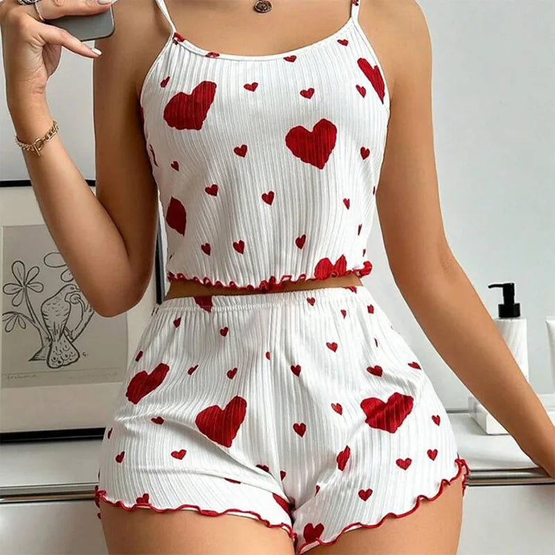 Women’s 2-Piece Pajama Set – White Love Print Tank Top & Shorts Sleepwear
