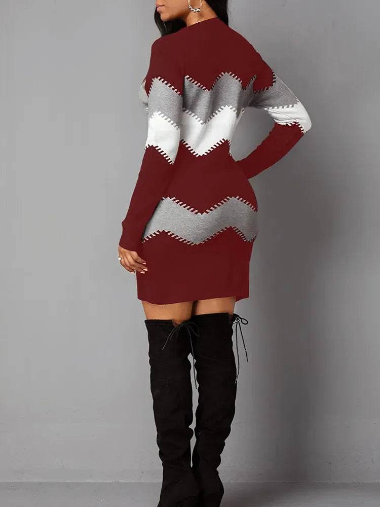 Autumn Women's Elegant O-Neck Slim Knitted Dress with Print – Long Sleeve Bodycon Mini Dress (5XL) - Stylemein