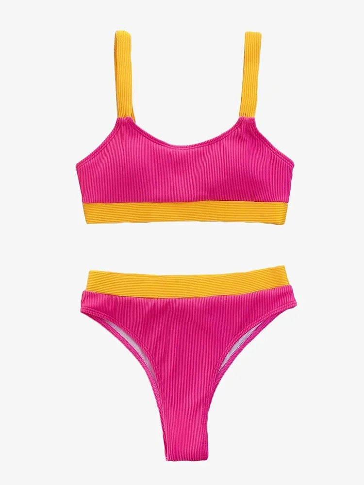 High Waist Bikini Woman Swimsuit Sexy Textured Brazilian Biquinis Colorblock Beachwear Summer