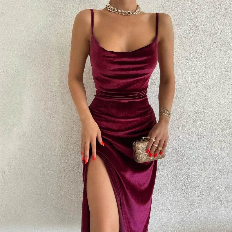 Summer Velvet Midi: Elegant Evening Gown for Women - Sleeveless, Off-Shoulder, Backless - Stylemein