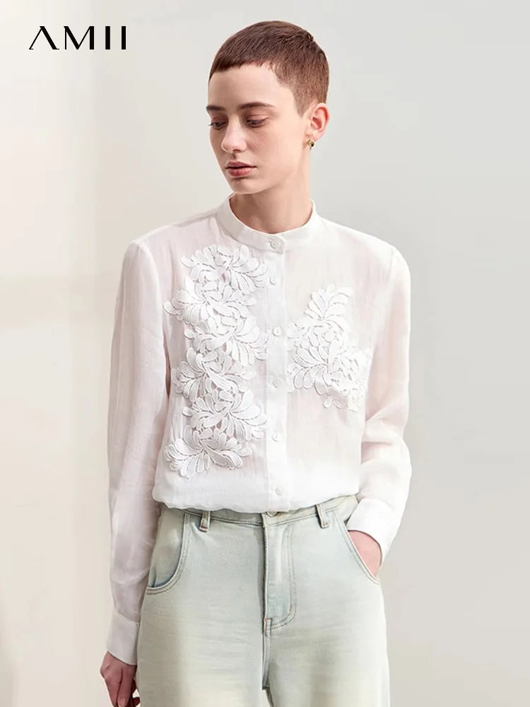 Women’s Stand Collar Shirt – Minimalist Lace Shell Button Autumn Blouse