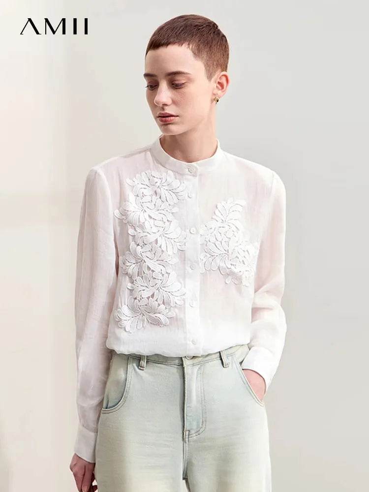 Stylemein - Women’s Stand Collar Shirt – Minimalist Lace Shell Button Autumn Blouse