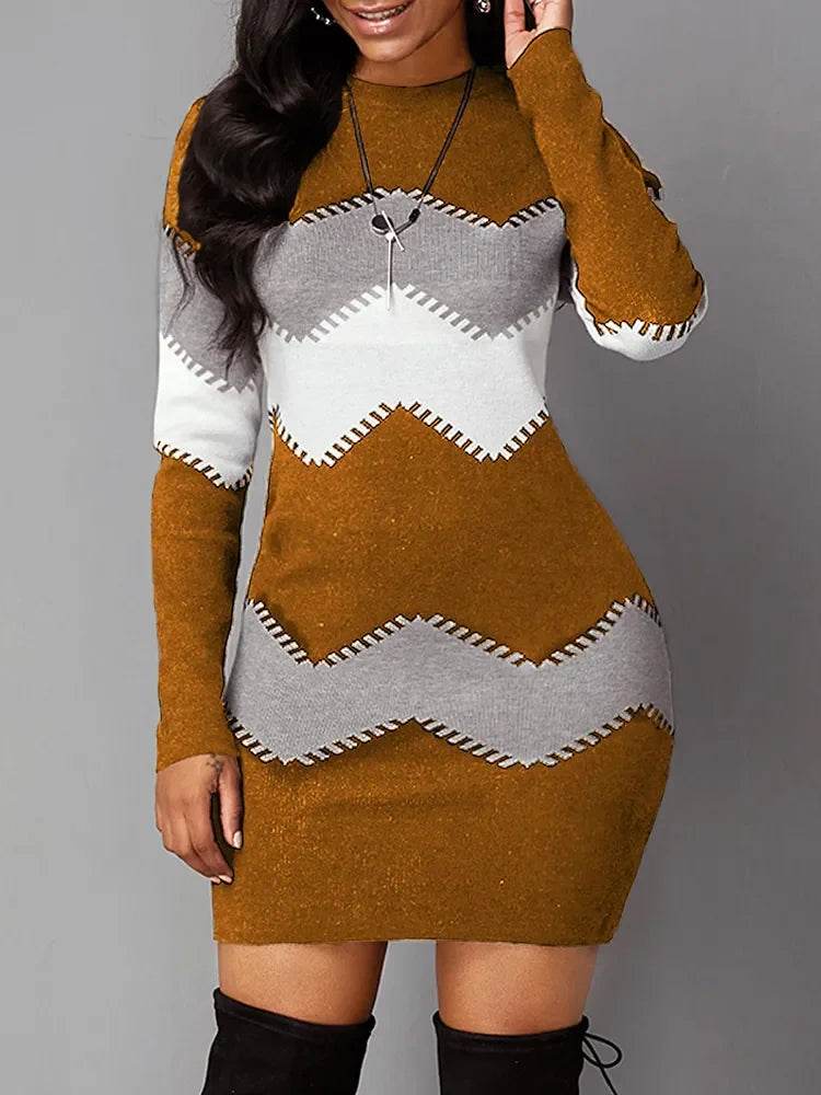 Autumn Women's Elegant O-Neck Slim Knitted Dress with Print – Long Sleeve Bodycon Mini Dress (5XL) - Stylemein