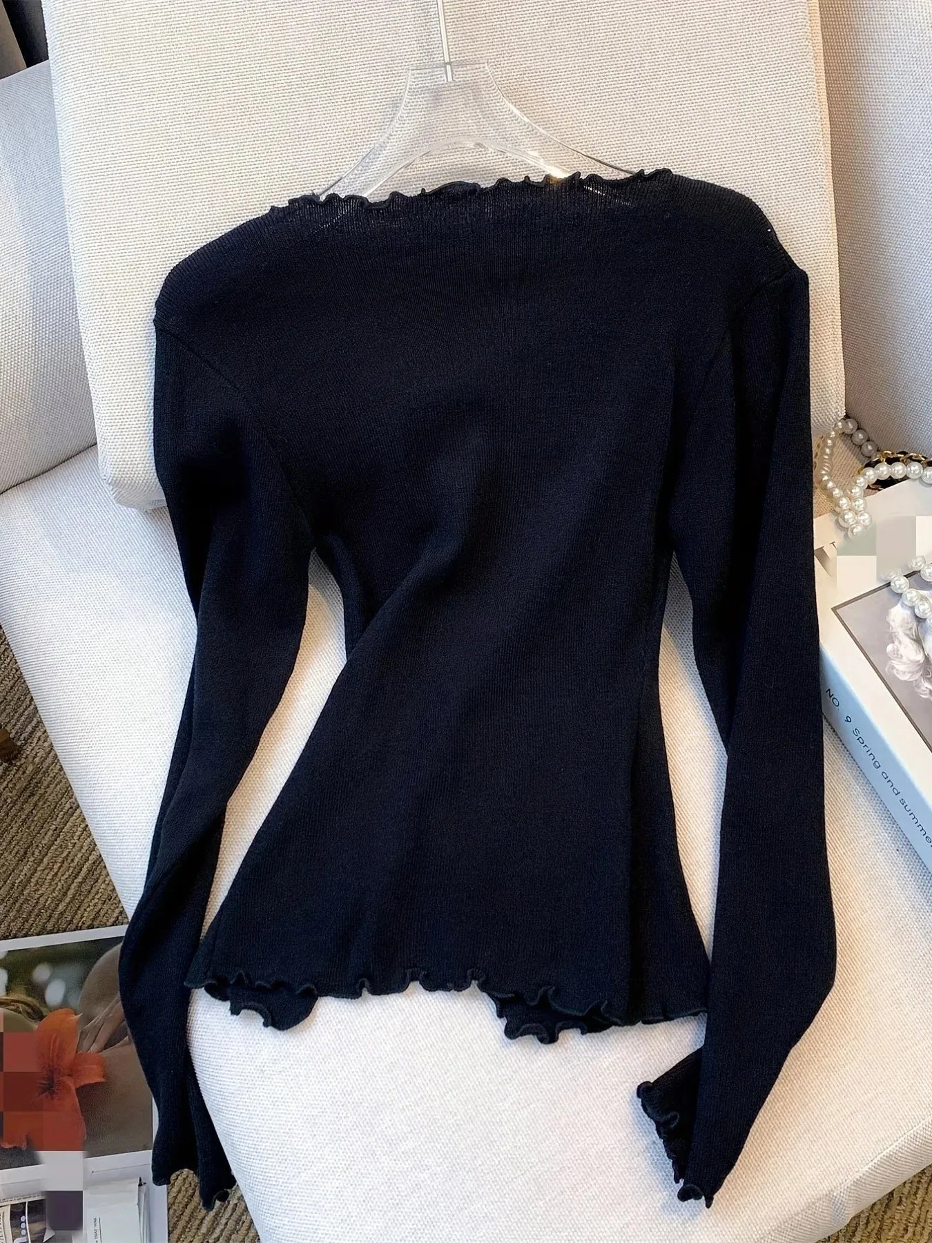 Women’s Y2K Pullover Sweater – Lettuce Trim Bowknot Long Sleeve