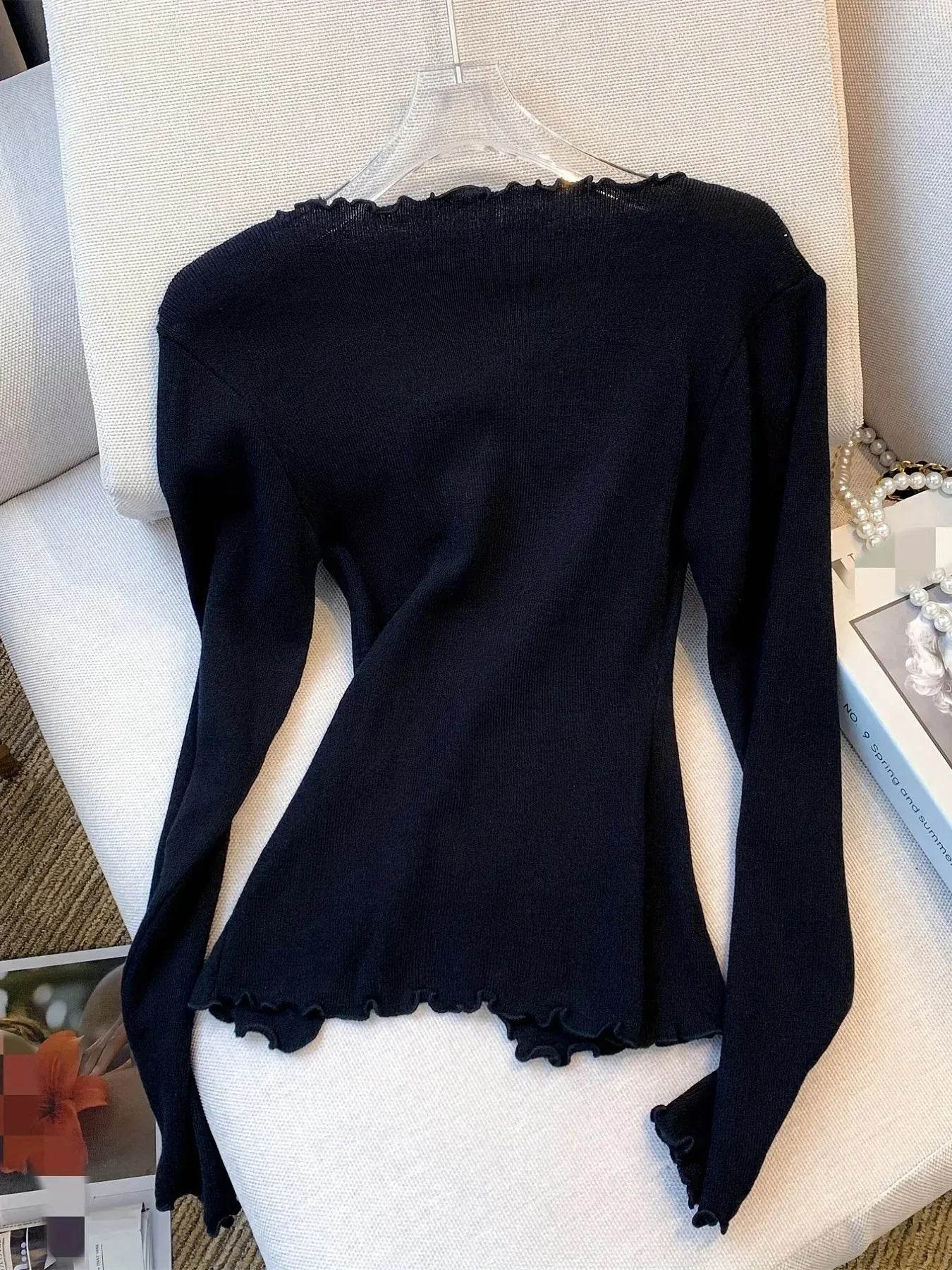 Stylemein - Women’s Y2K Pullover Sweater – Lettuce Trim Bowknot Long Sleeve