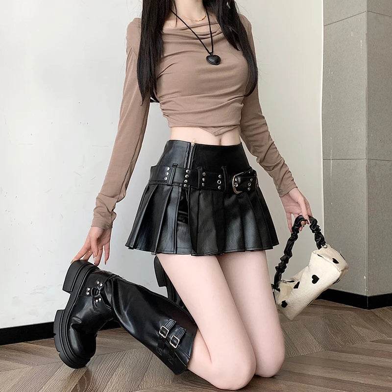 Gothic Pleated Faux Leather Skirt – Black Y2K A-Line Mini Skort - Stylemein
