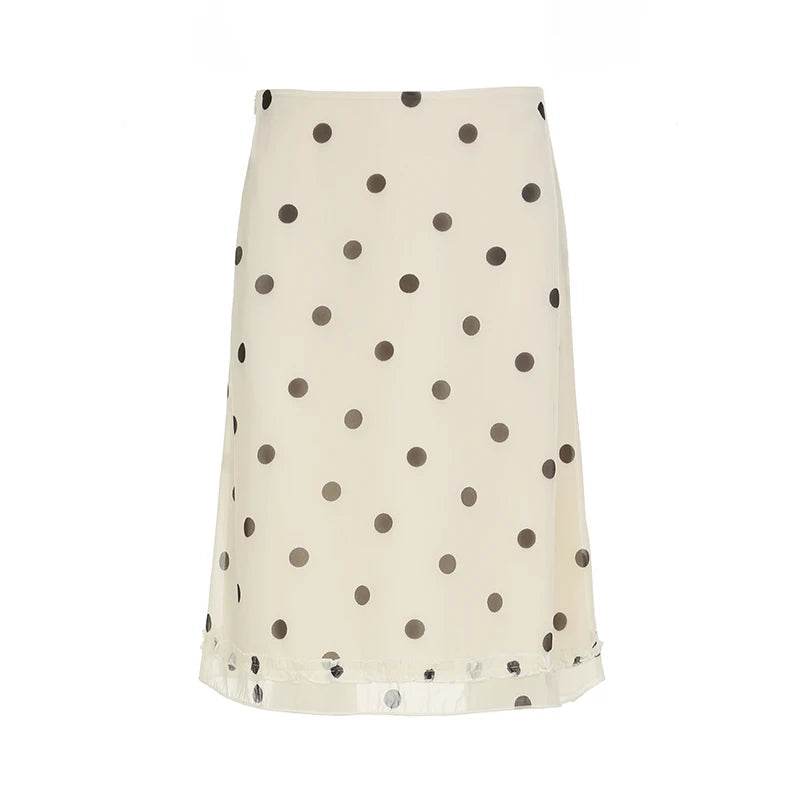 Beige Polka Dot Midi Skirt – Lettuce Trim Elegant A-line Skirt - Stylemein
