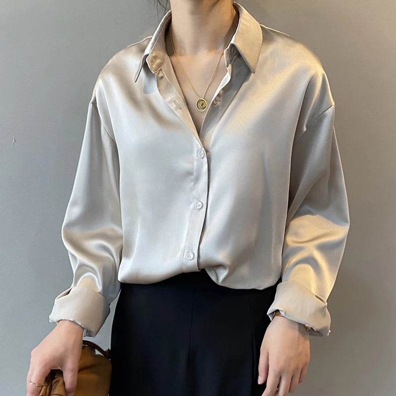Elegant Satin Loose Fit Women's Shirt – Turn-Down Collar Casual Button Blouse for Spring and Autumn - Stylemein