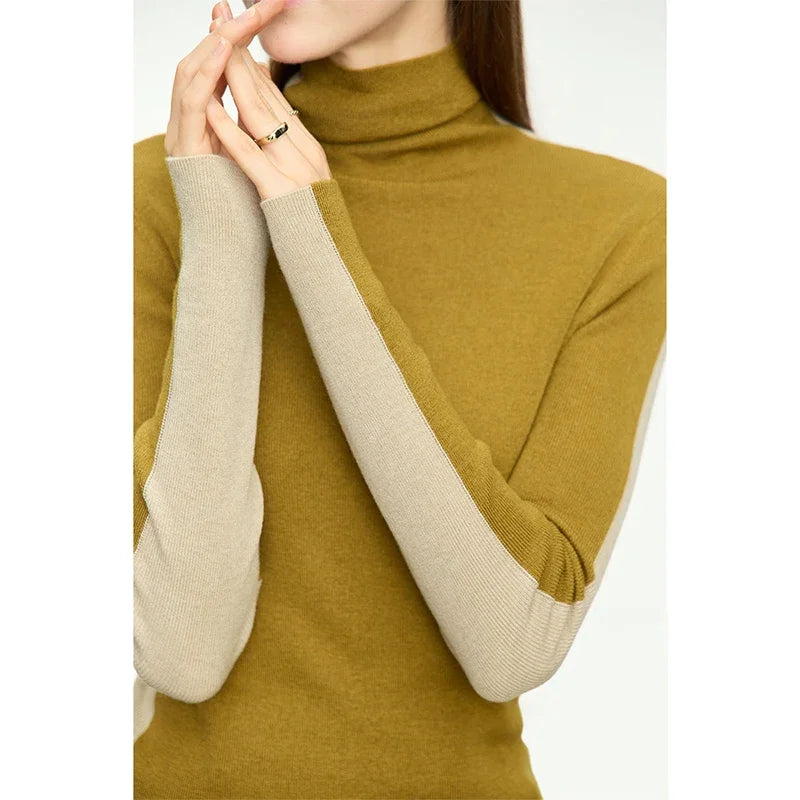 Slim High Neck Patchwork Sweater – Soft Knit Long Sleeve Top