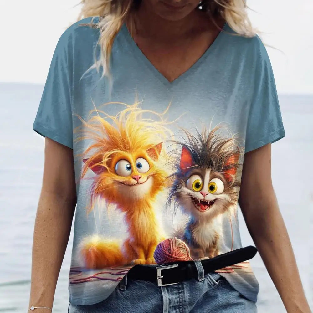 Women’s Oversized Cat Print T-Shirt – Casual Summer Streetwear Top