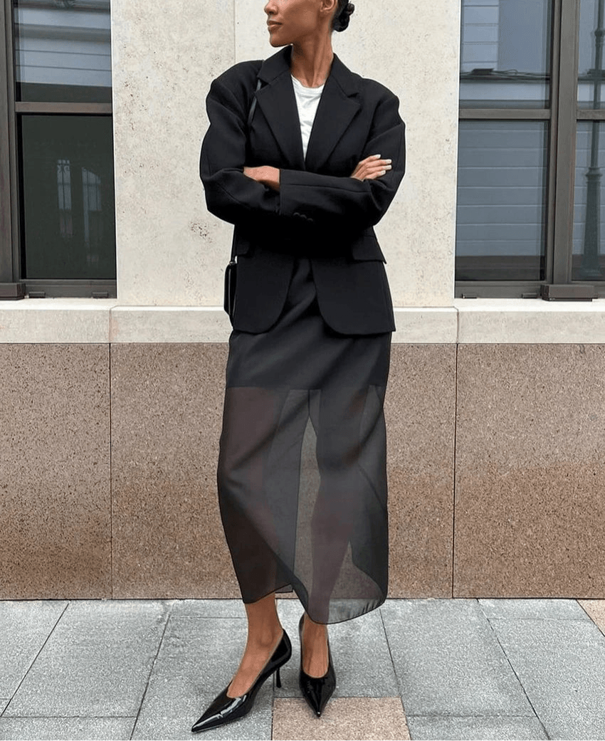 Black Mesh Spliced Maxi Skirt – High Waist Elegant A-Line Skirt - Stylemein