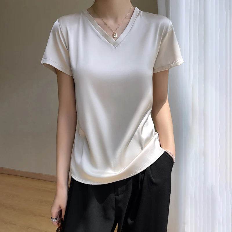 Elegant Satin Silk V-Neck Women's T-Shirt – Short Sleeve Solid Basic Top for Summer - Stylemein