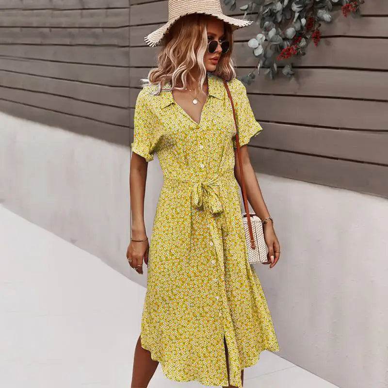 Floral V-Neck Midi Dress – Summer Casual Short Sleeve Dress - Stylemein