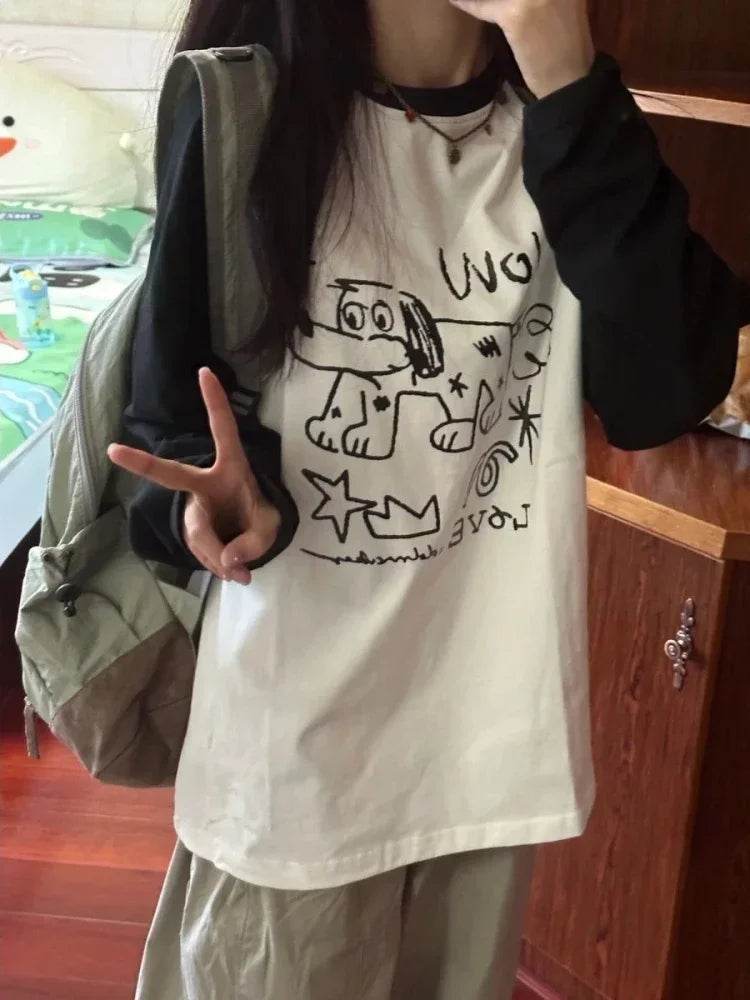Kawaii Oversized Anime Graphic Long Sleeve Tee – Cute Y2K Japanese Preppy Style for Women - Stylemein